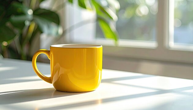 A bright yellow coffee mug sits on a white table near a window with dappled sunlight and a green plant casting soft shadows creating a warm and inviting morning atmosphere perfect for a quiet moment.