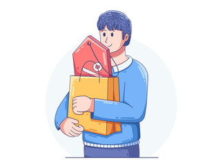 Cartoon illustration of a man happily holding shopping bag with big red sale tag, symbolizing excitement during discounts, holiday shopping, and promotional campaigns. 