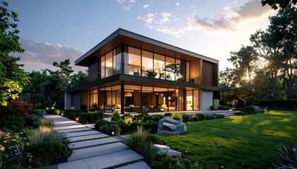 Fototapeta premium Modern house with large glass windows surrounded by lush greenery and a serene garden at sunset