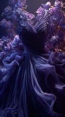 Ethereal Purple Gown Billowing in Dark Water with Abstract Floral Forms.