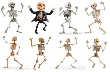A collection of 3D animated skeletons in various poses and expressions.