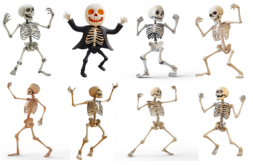 A collection of 3D animated skeletons in various poses and expressions.