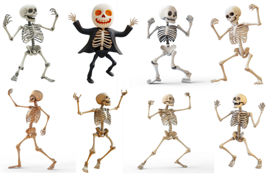 A collection of 3D animated skeletons in various poses and expressions.