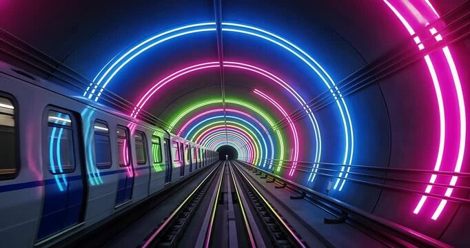A vibrant subway tunnel illuminated by colorful neon lights, showcasing train tracks leading into darkness