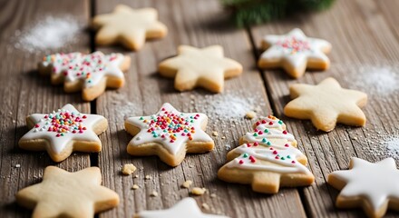 A collection of festive Christmas cookies, some decorated with white icing and colorful sprinkles, arranged on a rustic wooden surface with a dusting of powdered sugar.