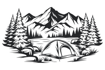 Fototapeta premium Serene mountain landscape with tent and pine trees outline artwork