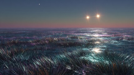 Ethereal Twilight Ocean Vista with Twin Celestial Lights and Wispy Coastal Grass.