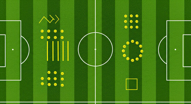 Soccer training equipment with cones and agility poles on green artificial football pitch, perfect for sports drills and practice - Powered by Adobe