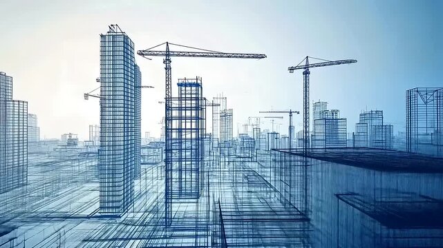 Architectural blueprint of a city construction site with cranes and skyscrapers in a bright setting