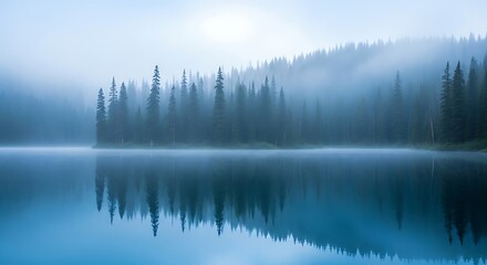 Fototapeta premium Misty dawn over a tranquil lake reflecting a forest of evergreen trees beneath a hazy sky evokes peace