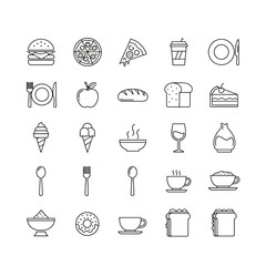 A collection of various food and drink icons presented in a clean, minimalist line art style.