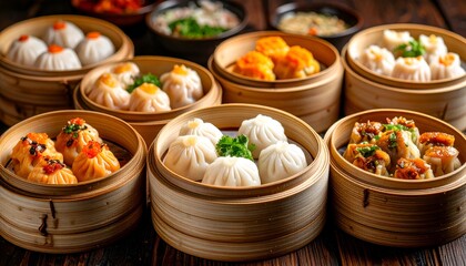 Assorted dumplings served in bamboo steamers, showcasing vibrant colors and textures in a cozy dining setting