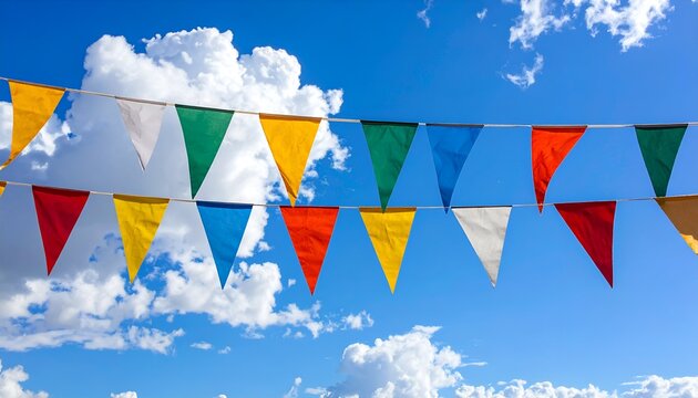 Colorful triangular flags fluttering against a bright blue sky with fluffy white clouds, perfect for celebrations