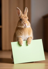 Adorable Rabbit Presenting a Blank Message Card