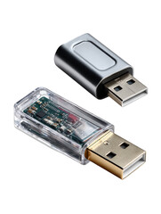 USB Flash Drive isolated on white, portable USB Flash Drive storage for digital files, metallic USB Flash Drive PNG for office and tech design, Isolated on transparent background, PNG die-cut.