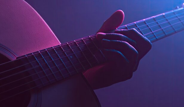 Close-up of a person's hand strumming an acoustic guitar, bathed in vibrant purple and blue light