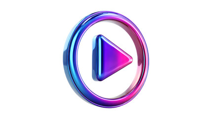 A vibrant 3D play button icon with a glossy metallic finish shines in iridescent shades of purple and blue representing multimedia content