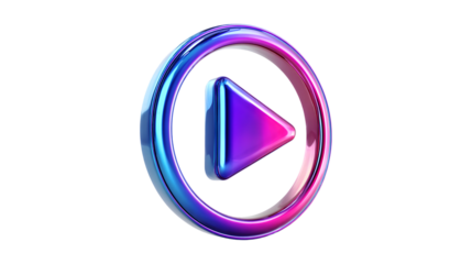 A vibrant 3D play button icon with a glossy metallic finish shines in iridescent shades of purple and blue representing multimedia content