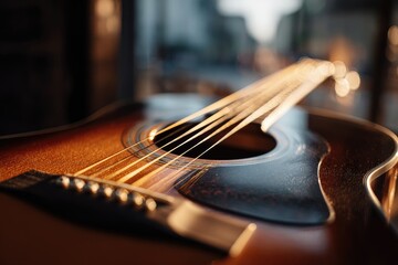 Close-up photo of an acoustic guitar with focused strings and body, soft lighting