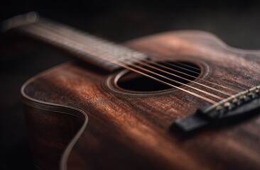 Fototapeta premium A close-up shot of an acoustic guitar, strings stretching towards the focus point