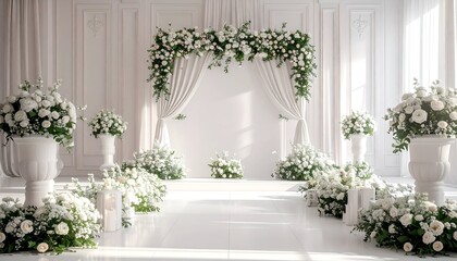 Elegant wedding venue decorated with white flowers and drapes, creating a romantic atmosphere