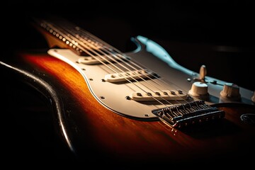 Close-up of a vibrant electric guitar with strings and controls against a black background