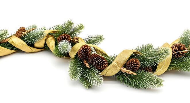 A festive garland of green fir branches and pine cones intertwined with a shimmering gold ribbon, isolated on a white background.
