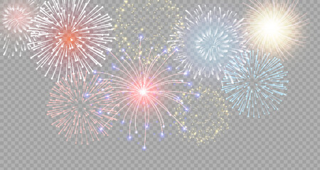 set of isolated vector fireworks on a transparent background.