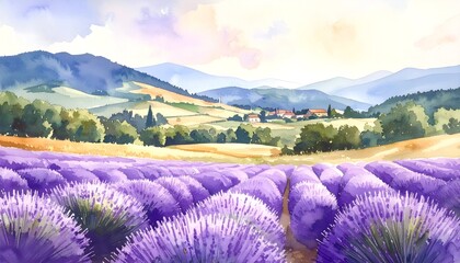 Obraz premium Vibrant lavender fields in a serene countryside landscape under a pastel sky with distant mountains