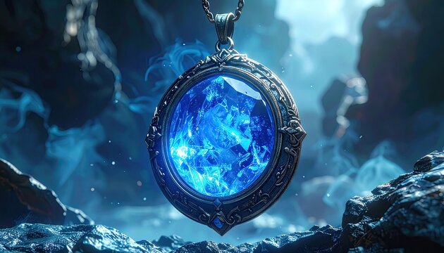 Glowing Blue Crystal Pendant Necklace in Dark Fantasy Setting
