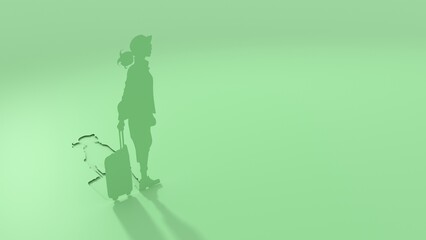 Naklejka premium Woman silhouette. Young female traveler walking with baggage goes on vacation. Concept of an urban transportation and travel or lifestyle blogs. Paper cut style. 3D render.