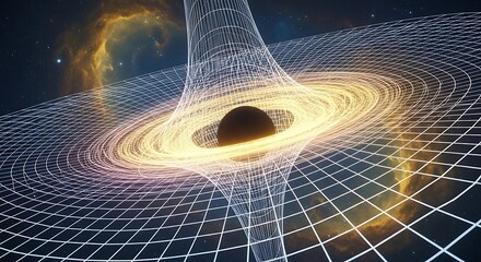 Visual representation of a massive black hole distorting the grid of spacetime, illustrating gravitational lensing and the powerful cosmic forces within the universe