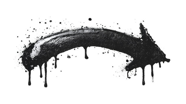 A black spray painted arrow points right with dripping paint and overspray splatters creating a textured graffiti element against a white background