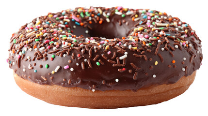 A chocolate donut with sprinkles on transparent background	
