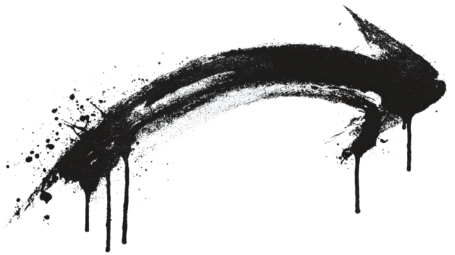 A black spray-painted arrow curves across a white surface with messy drips and splatters creating a street art aesthetic
