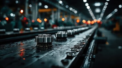 Industrial machinery and production line with metal parts in a manufacturing facility