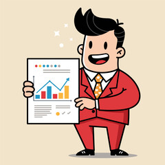 A cartoon illustration of a smiling and enthusiastic businessman in a bright red suit, proudly presenting a chart showing positive growth with an upward trend.