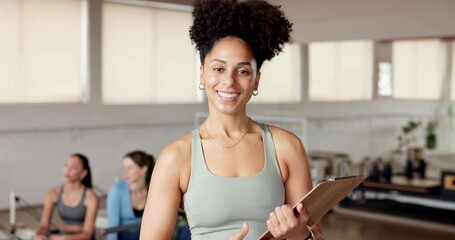 Pilates, instructor and clipboard with face of woman for class registration, fitness schedule and health. Wellness membership, join us and personal trainer with person in yoga studio for club