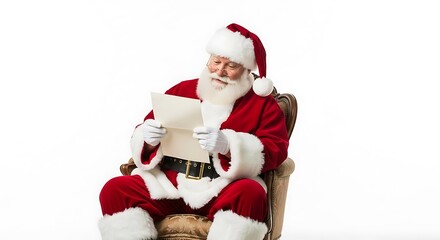 Santa Claus sitting in a chair reading a letter with a white background.