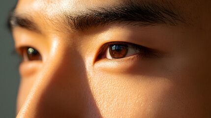 Close up of Asian male face with focus on skin texture