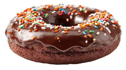 A chocolate donut with sprinkles on transparent background	
