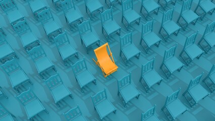 Rows of deck chairs. Standing out from the crowd concept. Business, sport and psychology. 3D render
