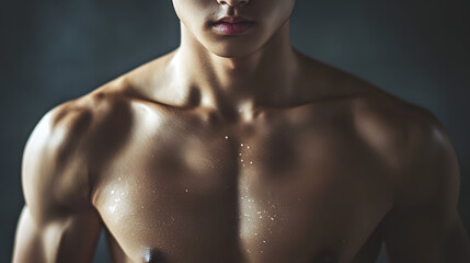 Muscular male torso with glistening skin, focused and intense