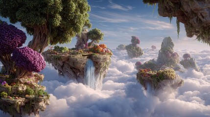 Floating Islands in a Dreamy Sky - Lush Vegetation, Waterfalls, and Ethereal Clouds.