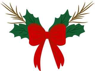 Festive Christmas Holly with Red Bow and Pine Branches