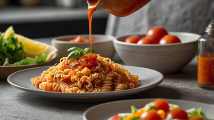 Close up of pouring tomato sauce over whole grain pasta served with vegetables and salad in bright daylight representing healthy lifestyle