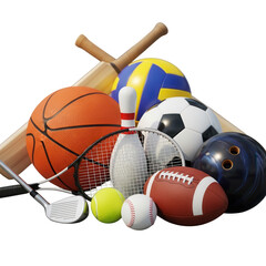 Illustration of pile of various sport equipment isolated on transparent background