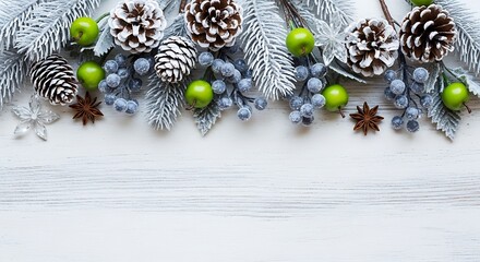 Christmas border with frosted fir branches, pine cones, and festive berries on a light wooden background.