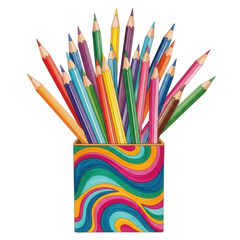 Fototapeta premium Illustration of colorful pencils in a patterned holder isolated on transparent background