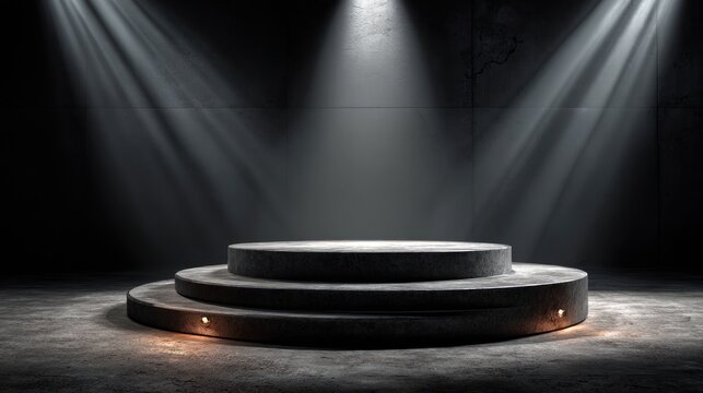 A 3D rendered pedestal stage illuminated by spotlights on a dark background